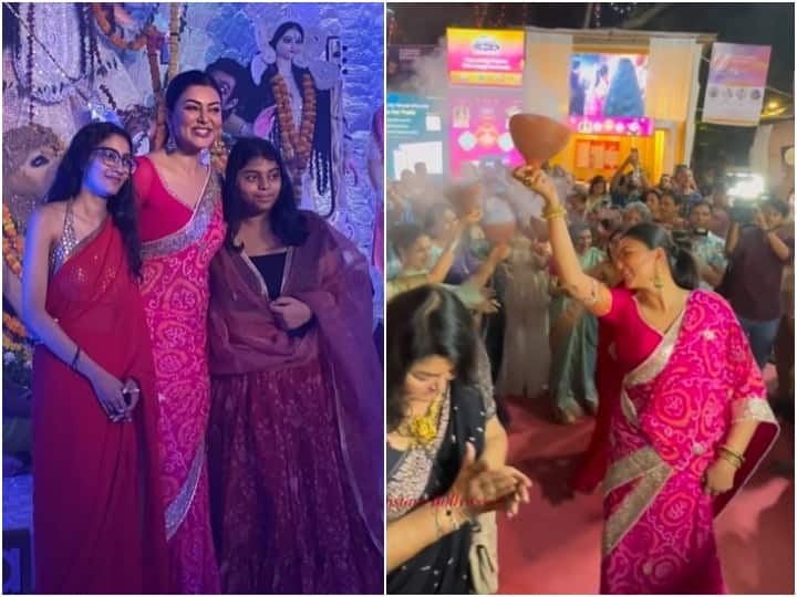Sushmita Sen came to see Maa Durga in pink color saree, did Dhunuchi dance