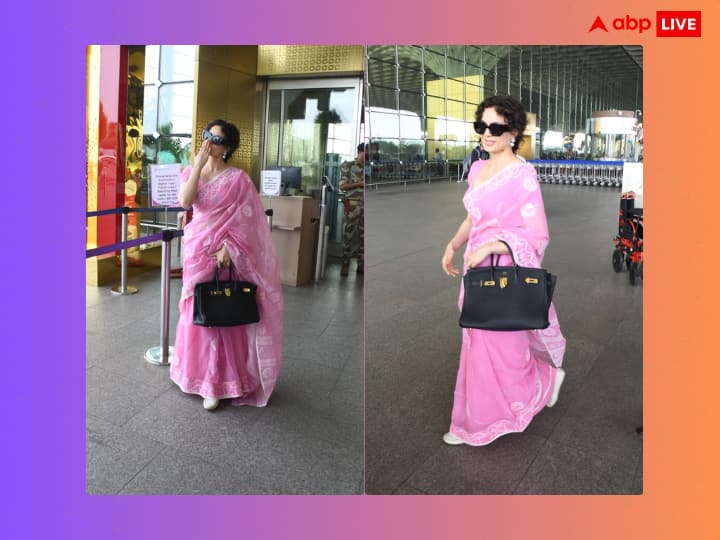 Kangana's classy look seen in pink saree at the airport, she posed while giving a flying kiss to the paparazzi