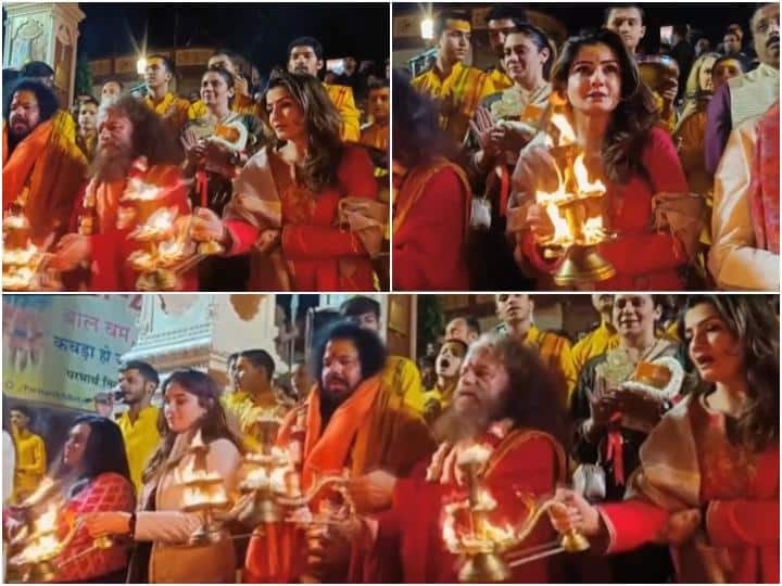 Raveena Tandon reached Rishikesh with daughter Rasha before Diwali, performed Ganga Aarti with priests, sang bhajans