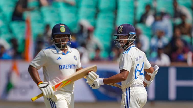 Indian innings declared at 430, Jaiswal unbeaten on 214 and Sarfaraz on 68;  England have a target of 557