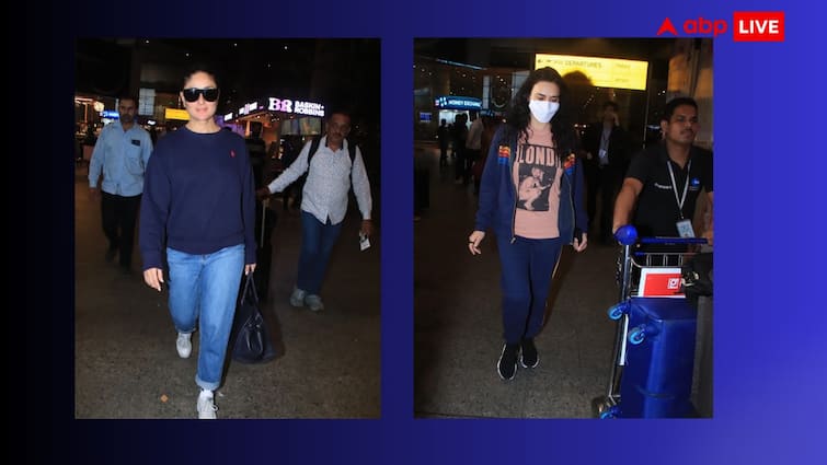 Kareena Kapoor spotted at the airport wearing denim with blue sweatshirt, Preity Zinta seen in no makeup look wearing a mask